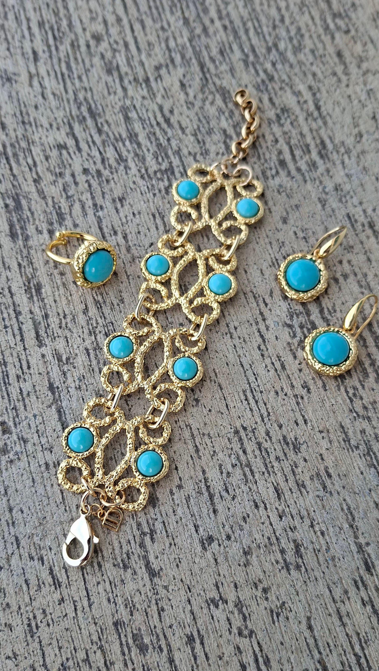 Bohemian Gold-Tone Filigree Statement Bracelet with Turquoise Cabochons